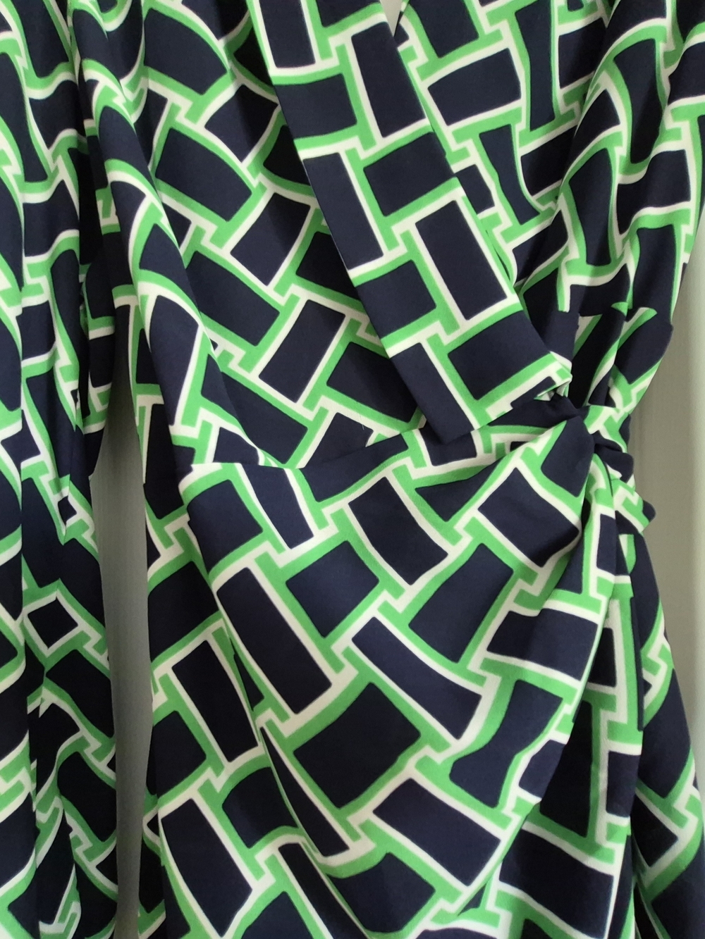 Diane Von Furstenberg Navy and Lime Geometric Long Sleeve Wrap Dress - Picture 2 of 4